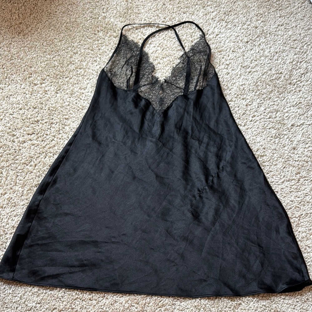 Victoria's Secret Black Satin Chemise with Lace Trim